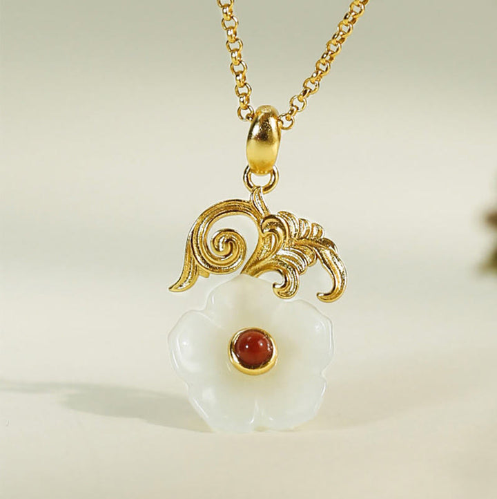 Buddha Stones Hetian Jade Flower 925 Sterling Silver Luck Necklace Pendant - image 3