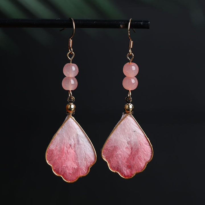 Buddha Stones Silk Art Handmade Pink Velvet Good Fortune Protection Drop Hook Earrings - Silk fibers(Size: About 5.5*1cm) - image 0