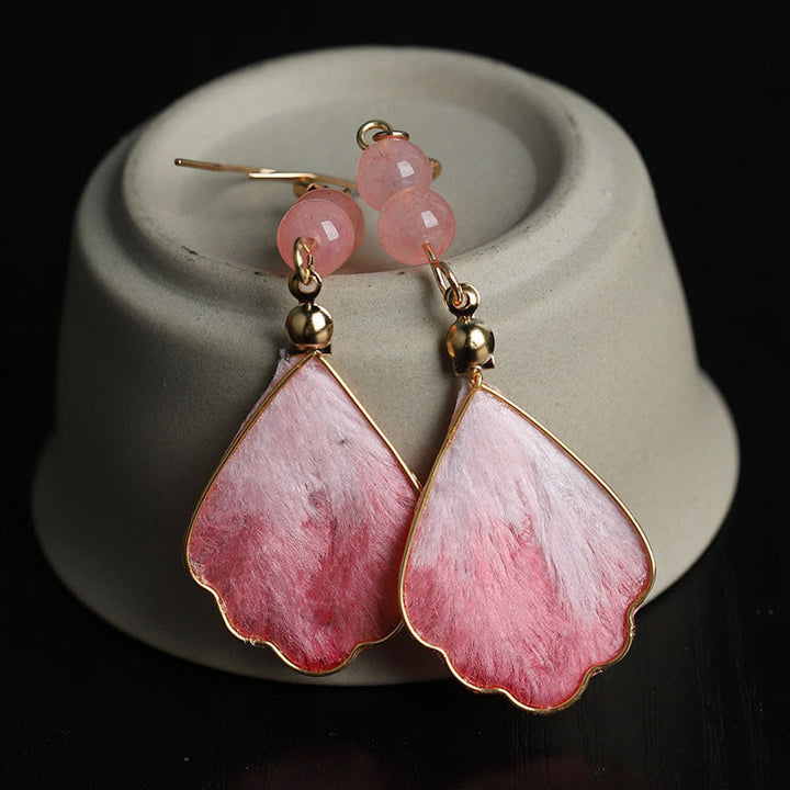 Buddha Stones Silk Art Handmade Pink Velvet Good Fortune Protection Drop Hook Earrings - image 5