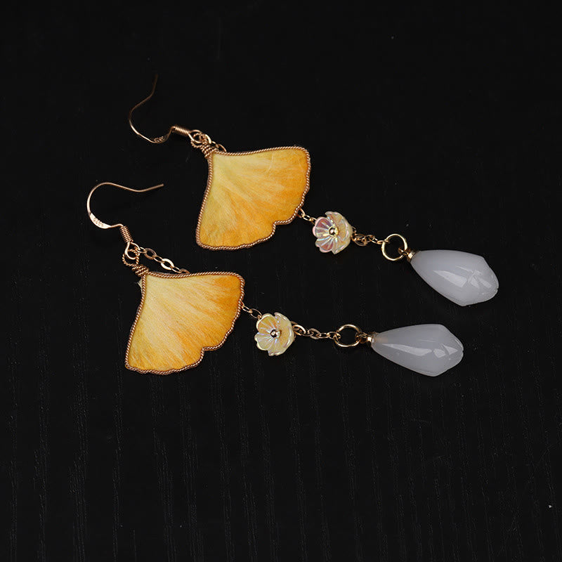 Buddha Stones Handmade Silk Craft Yellow Ginkgo Leaf Copper Hook Good Fortune Dangle Earrings - image 10