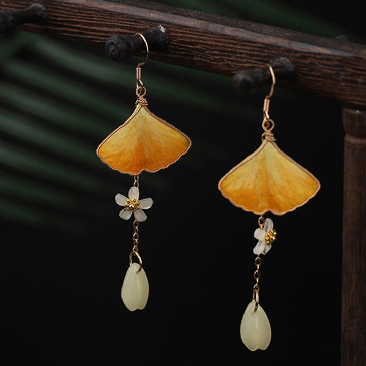 Buddha Stones Handmade Silk Craft Yellow Ginkgo Leaf Copper Hook Good Fortune Dangle Earrings - image 2