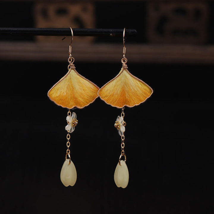 Buddha Stones Handmade Silk Craft Yellow Ginkgo Leaf Copper Hook Good Fortune Dangle Earrings - Ginkgo Leaf&Green Bead(Size: About 7.5*2.8cm) - image 0