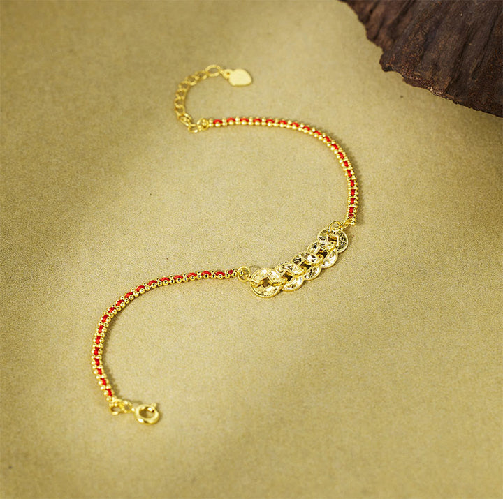 Buddha Stones 925 Sterling Silver Five-Emperor Coins Red String Balance Bracelet - image 4