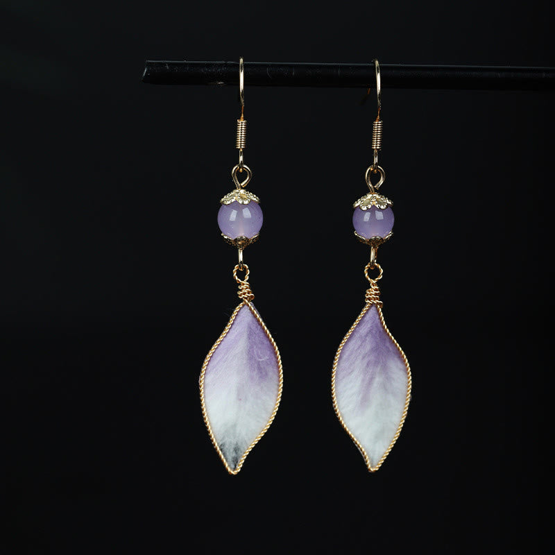 Buddha Stones Silk Art Handmade Purple Gradient Petals Blessing Dangle Earrings - Silk fibers(Size: About 6.3*1.4cm) - image 0