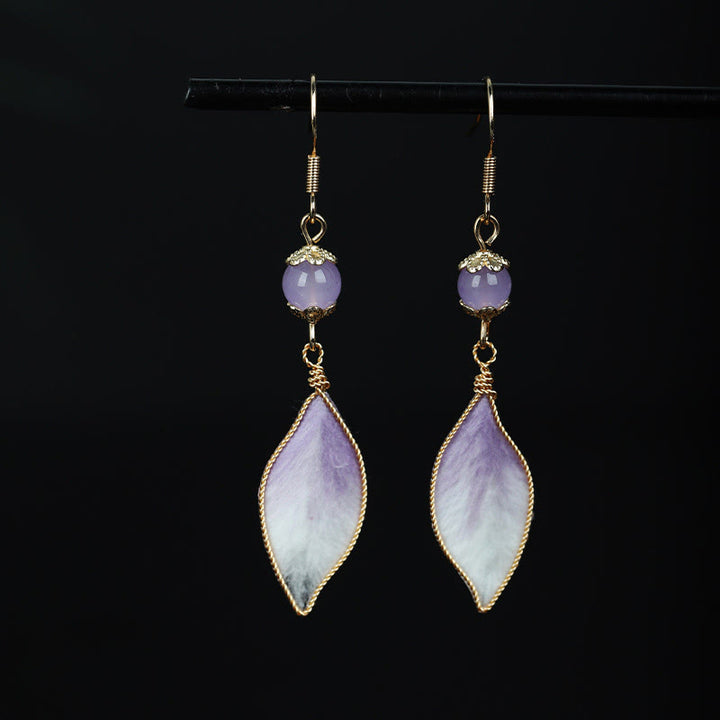 Buddha Stones Silk Art Handmade Purple Gradient Petals Blessing Dangle Earrings - Silk fibers(Size: About 6.3*1.4cm) - image 0