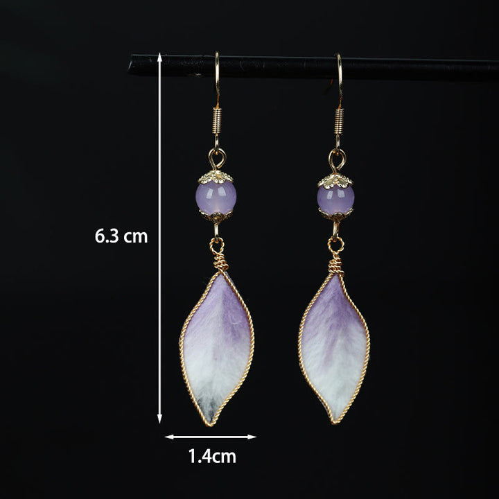 Buddha Stones Silk Art Handmade Purple Gradient Petals Blessing Dangle Earrings - image 1