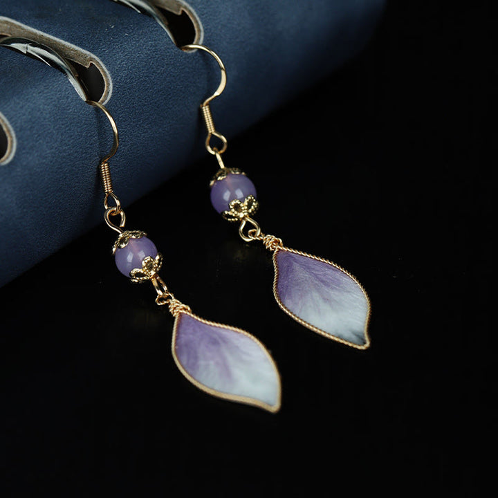 Buddha Stones Silk Art Handmade Purple Gradient Petals Blessing Dangle Earrings - image 3