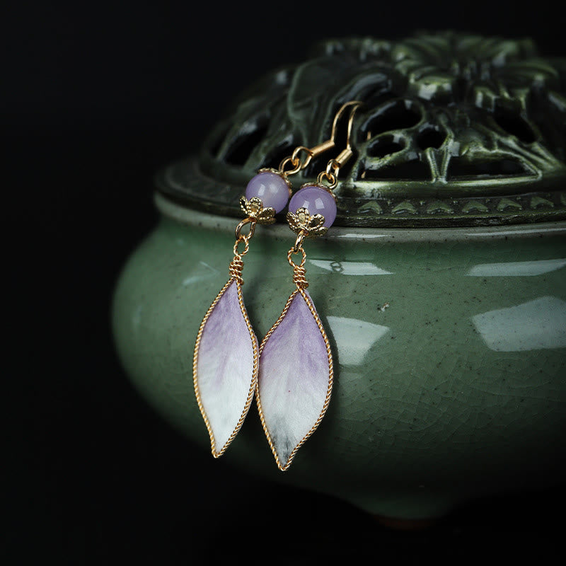 Buddha Stones Silk Art Handmade Purple Gradient Petals Blessing Dangle Earrings - image 5