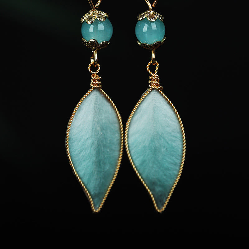 Buddha Stones Handmade Cyan Leaf Copper Plated Silver Hook Protection Drop Earrings - image 3