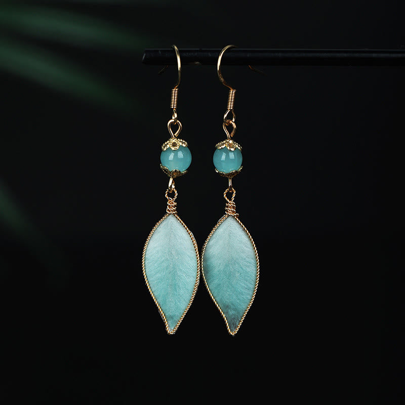 Buddha Stones Handmade Cyan Leaf Copper Plated Silver Hook Protection Drop Earrings - Cyan Leaf(Size: About 6*1cm) - image 0