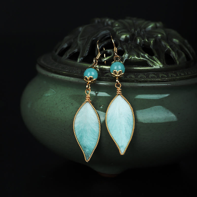 Buddha Stones Handmade Cyan Leaf Copper Plated Silver Hook Protection Drop Earrings - image 4