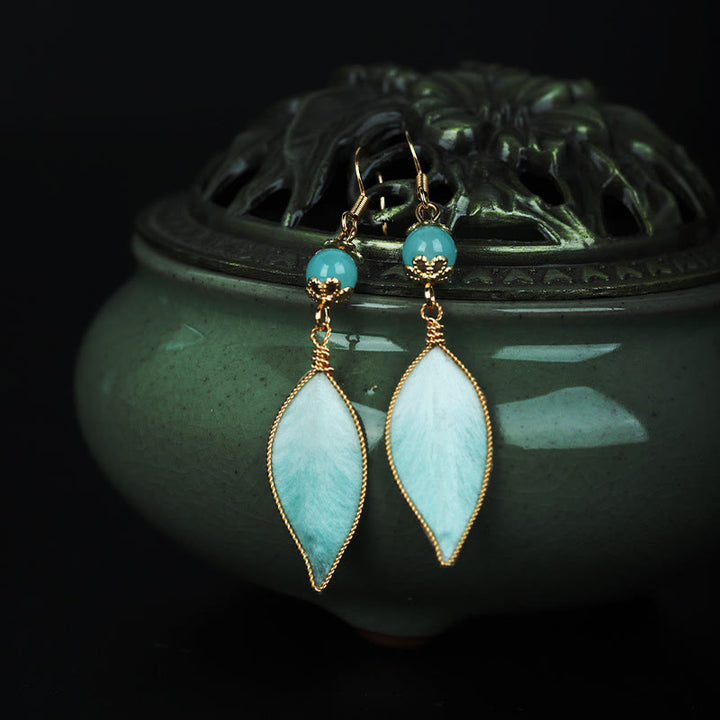 Buddha Stones Handmade Cyan Leaf Copper Plated Silver Hook Protection Drop Earrings - image 4