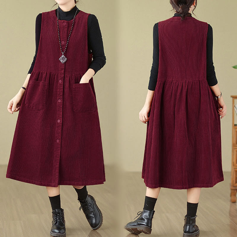 Buddha Stones Fall Retro Buttons Design Corduroy Sleeveless Midi Dress With Pockets - image 23