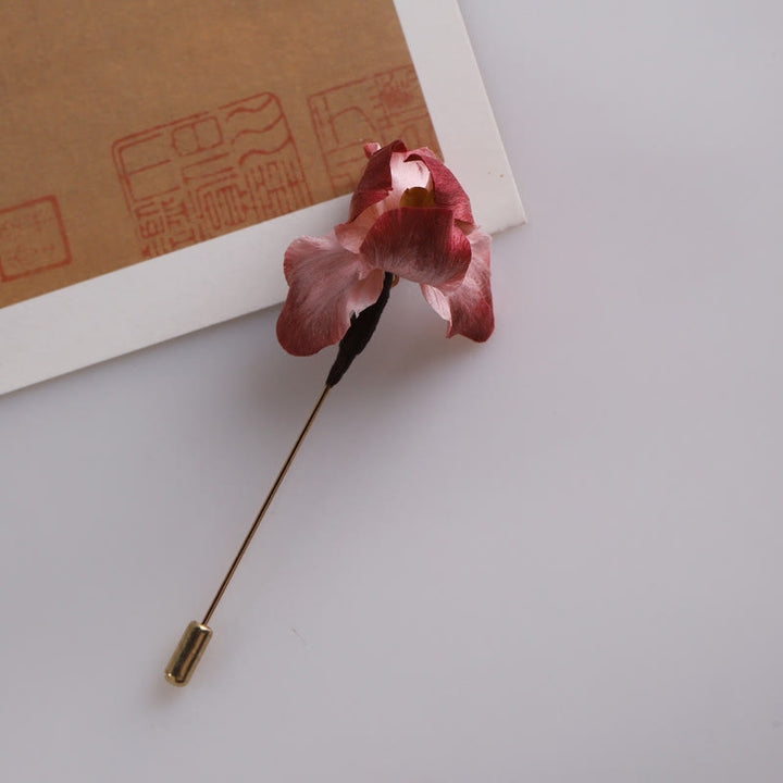 Buddha Stones Handmade Silk Art Dark Red Velvet Iris Blessing Good Fortune Brooch - image 11