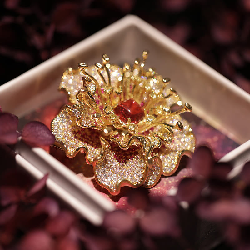 Buddha Stones Peony Flower Prosperity Copper Brooch - Red Peony - image 0