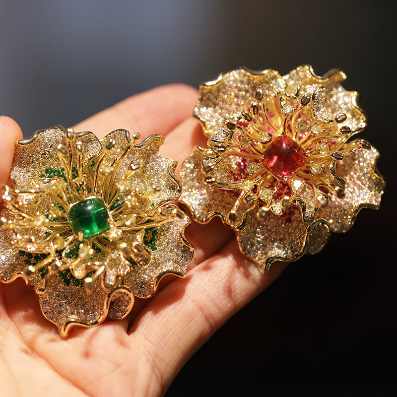 Buddha Stones Peony Flower Prosperity Copper Brooch - image 12
