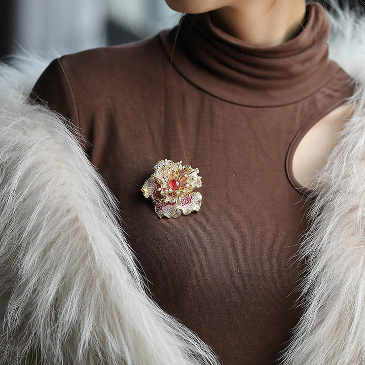Buddha Stones Peony Flower Prosperity Copper Brooch - image 5