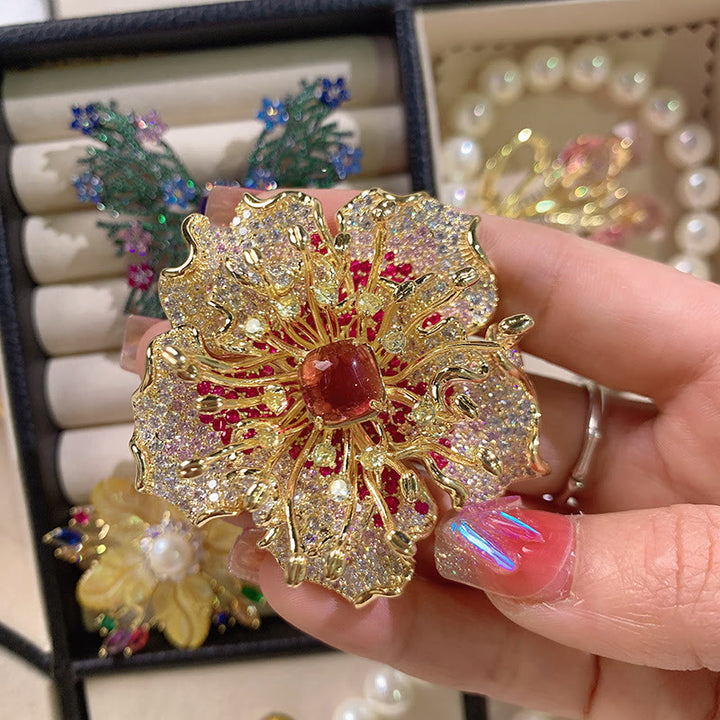 Buddha Stones Peony Flower Prosperity Copper Brooch - image 3
