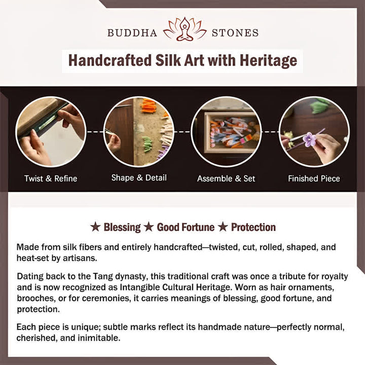 Buddha Stones Handcrafted Silk Art Golden Peony Flower Good Fortune Brooch - image 13