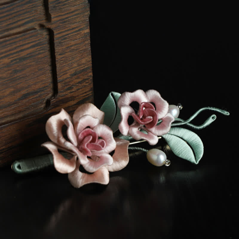 Buddha Stones Handcrafted Silk Art Twin Rose Flower Blessing Harmony Brooch - image 2