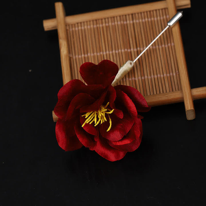 Buddha Stones Cultural Heritage Handcrafted Silk Art Red Camellia Blessing Sincerity Brooch - image 7