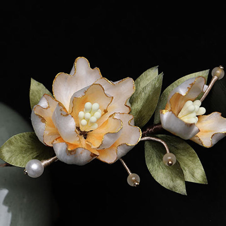 Buddha Stones Handcrafted Silk Art Golden Peony Flower Good Fortune Brooch - image 8