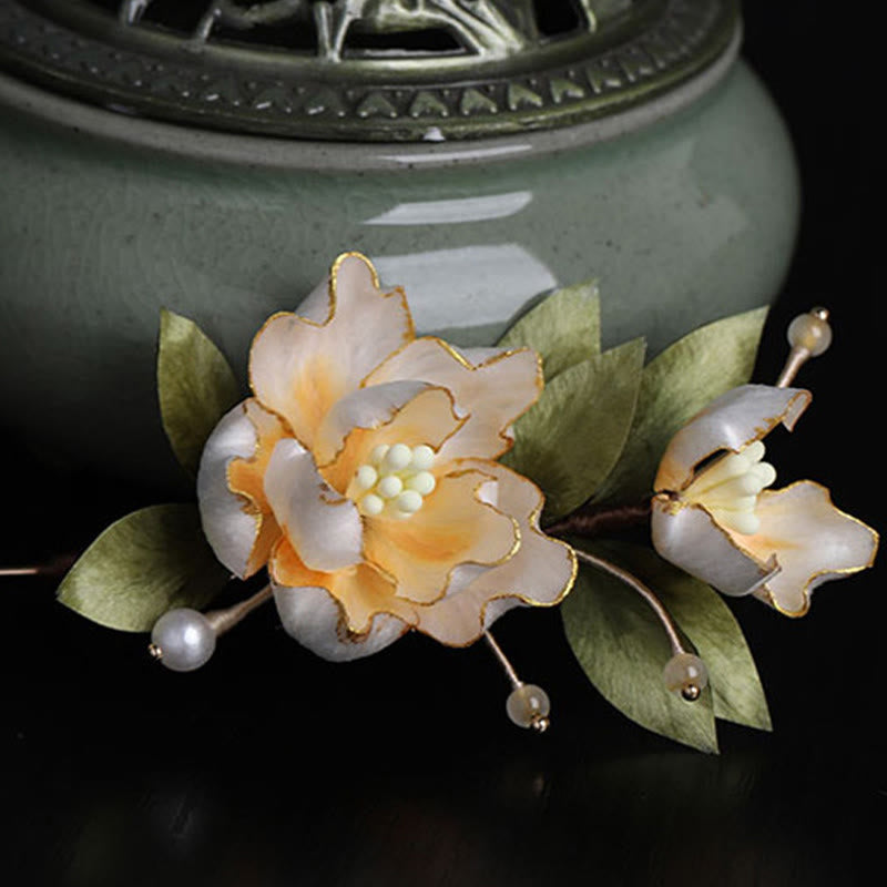 Buddha Stones Handcrafted Silk Art Golden Peony Flower Good Fortune Brooch - image 1