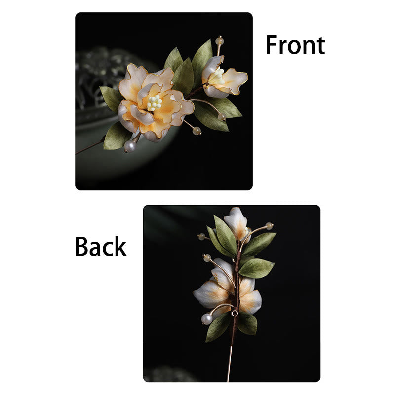 Buddha Stones Handcrafted Silk Art Golden Peony Flower Good Fortune Brooch - image 12