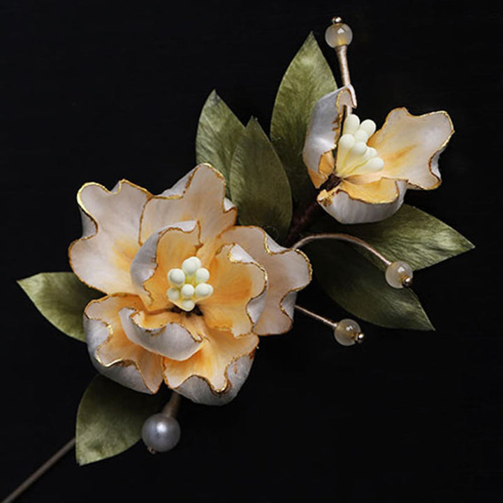 Buddha Stones Handcrafted Silk Art Golden Peony Flower Good Fortune Brooch - image 9