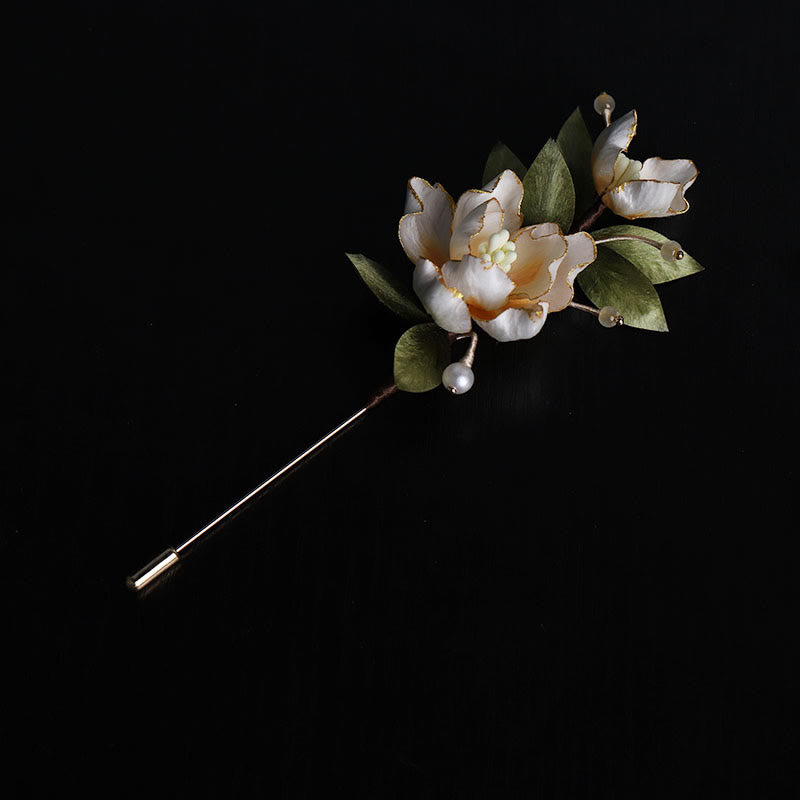 Buddha Stones Handcrafted Silk Art Golden Peony Flower Good Fortune Brooch - image 3