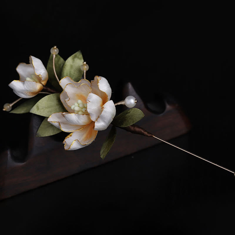 Buddha Stones Handcrafted Silk Art Golden Peony Flower Good Fortune Brooch - image 6