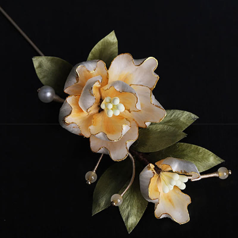 Buddha Stones Handcrafted Silk Art Golden Peony Flower Good Fortune Brooch - image 10