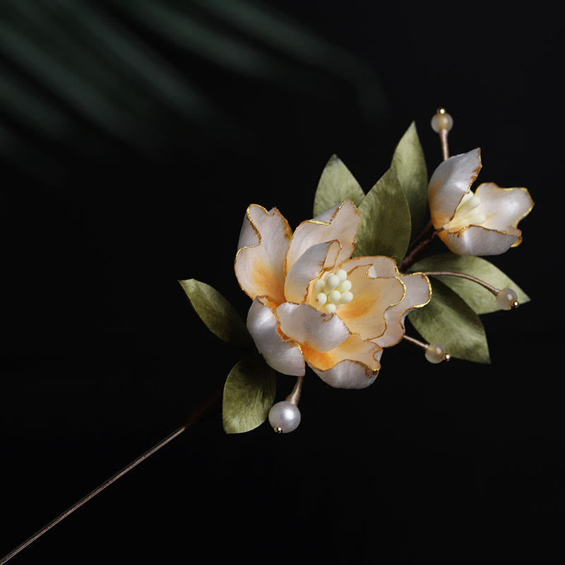 Buddha Stones Handcrafted Silk Art Golden Peony Flower Good Fortune Brooch - Golden Peony About 7cm - image 0