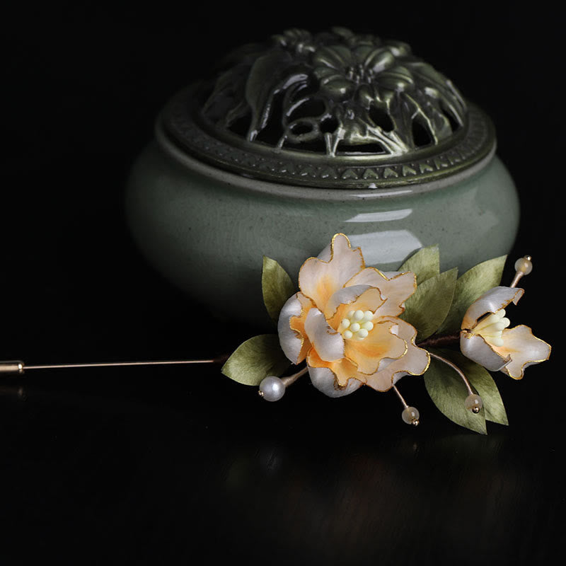 Buddha Stones Handcrafted Silk Art Golden Peony Flower Good Fortune Brooch - image 5