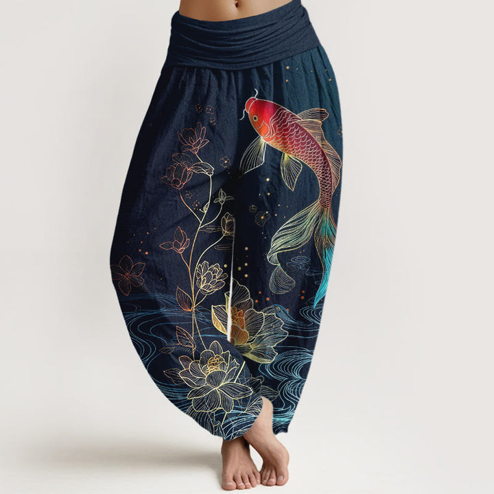 Buddha Stones Lotus Koi Fish Pattern Women's Elastic Waist Pure Cotton Harem Pants - MidnightBlue - US16，UK/AU20，EU48 (3XL) - image 0