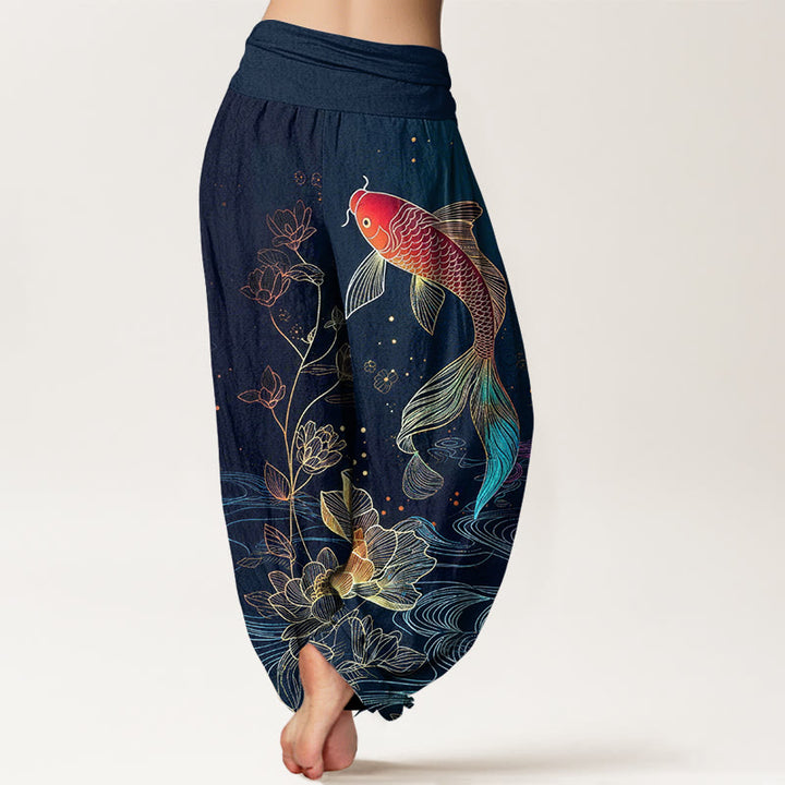 Buddha Stones Lotus Koi Fish Pattern Women's Elastic Waist Pure Cotton Harem Pants - image 1