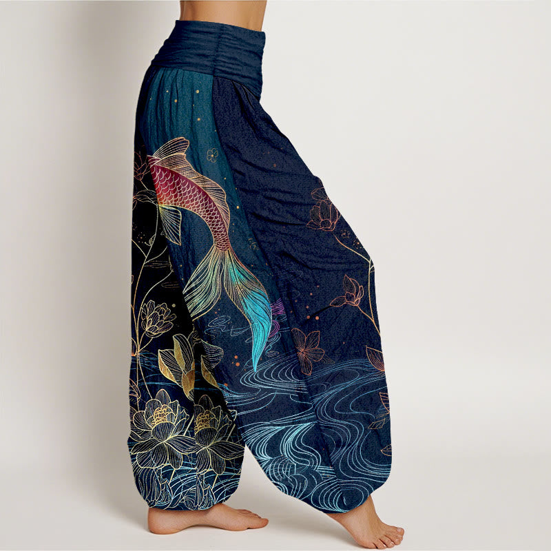 Buddha Stones Lotus Koi Fish Pattern Women's Elastic Waist Pure Cotton Harem Pants - image 2