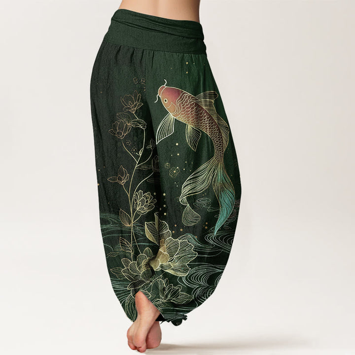 Buddha Stones Lotus Koi Fish Pattern Women's Elastic Waist Pure Cotton Harem Pants - image 6