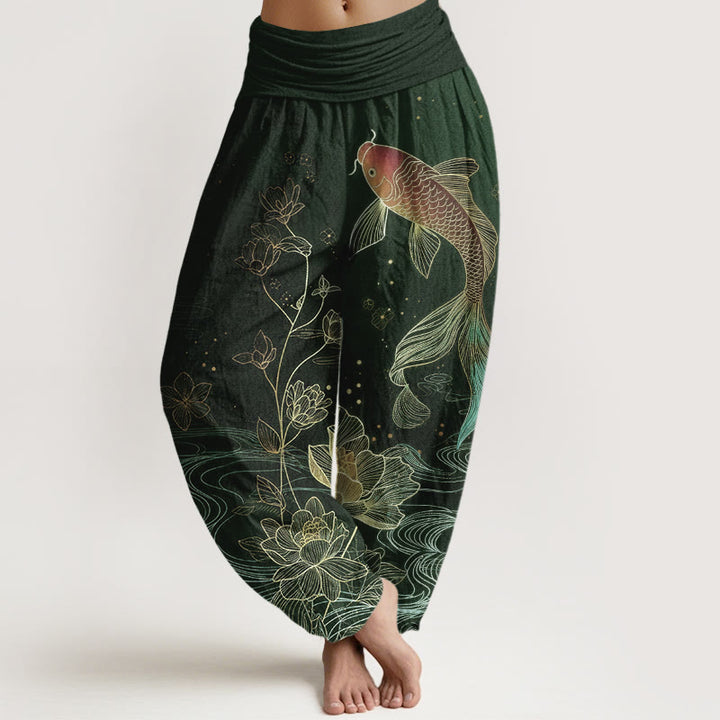 Buddha Stones Lotus Koi Fish Pattern Women's Elastic Waist Pure Cotton Harem Pants - DarkGreen - US16，UK/AU20，EU48 (3XL) - image 8