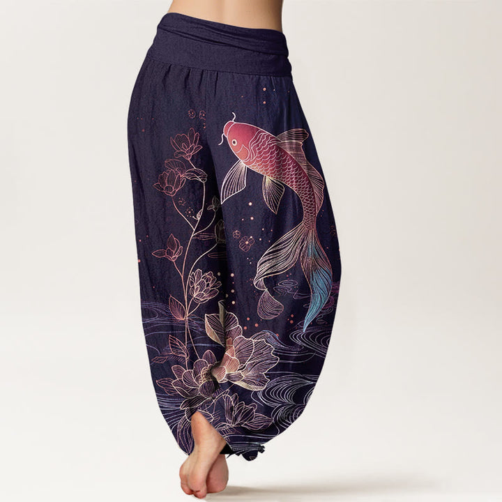 Buddha Stones Lotus Koi Fish Pattern Women's Elastic Waist Pure Cotton Harem Pants - image 6