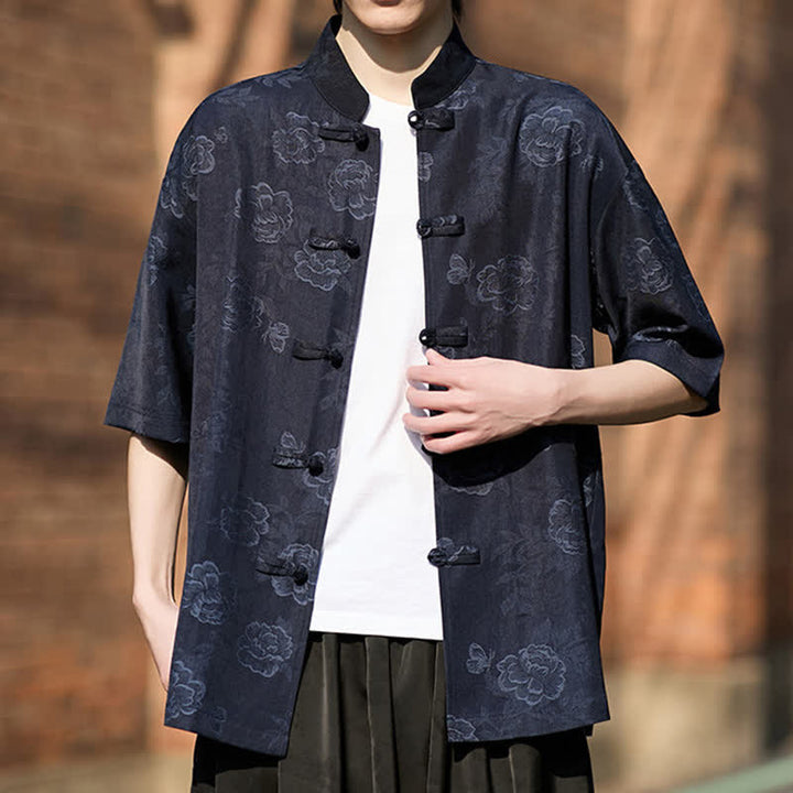 Buddha Stones Retro Frog Buttons Mandarin Collar Floral Jacquard Men's Short Sleeve Shirt - image 17