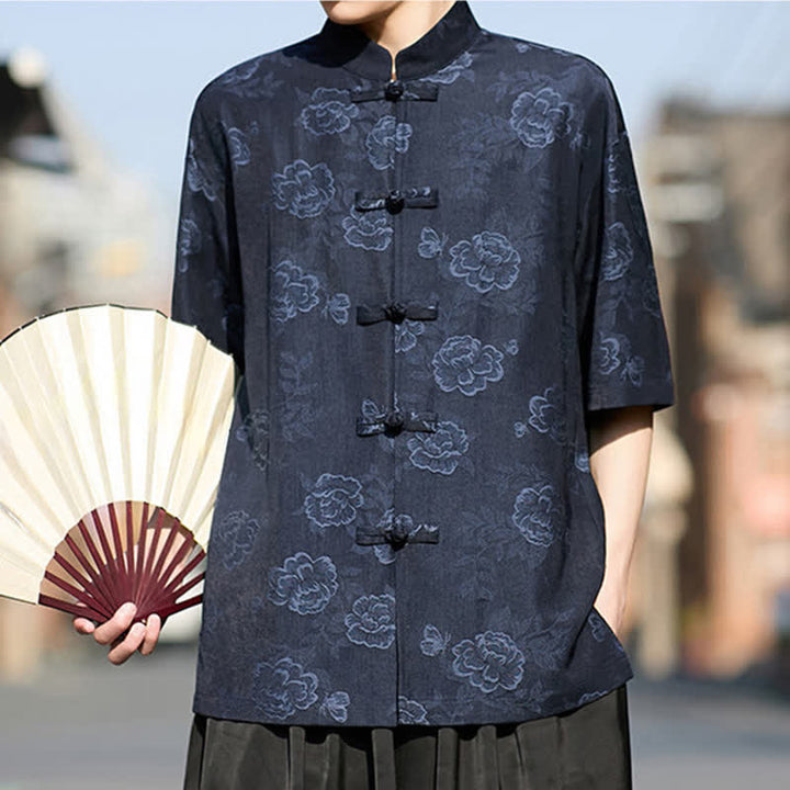 Buddha Stones Retro Frog Buttons Mandarin Collar Floral Jacquard Men's Short Sleeve Shirt - image 15