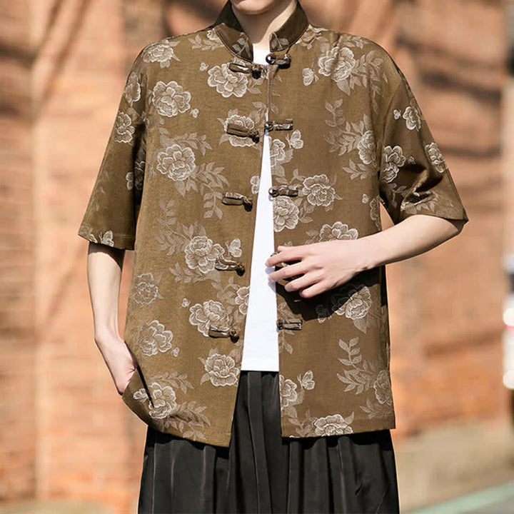 Buddha Stones Retro Frog Buttons Mandarin Collar Floral Jacquard Men's Short Sleeve Shirt - image 7
