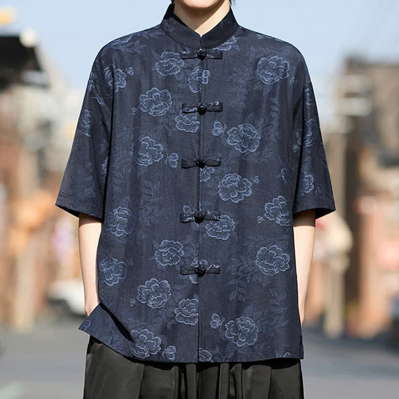 Buddha Stones Retro Frog Buttons Mandarin Collar Floral Jacquard Men's Short Sleeve Shirt - image 13