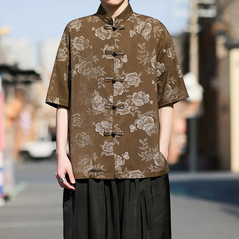 Buddha Stones Retro Frog Buttons Mandarin Collar Floral Jacquard Men's Short Sleeve Shirt - image 1