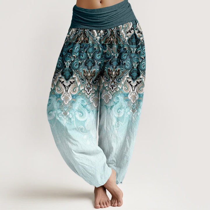 Buddha Stones Paisley Floral Gradient Design Women's Pure Cotton Elastic Waist Harem Pants - Teal - US16，UK/AU20，EU48 (3XL) - image 0