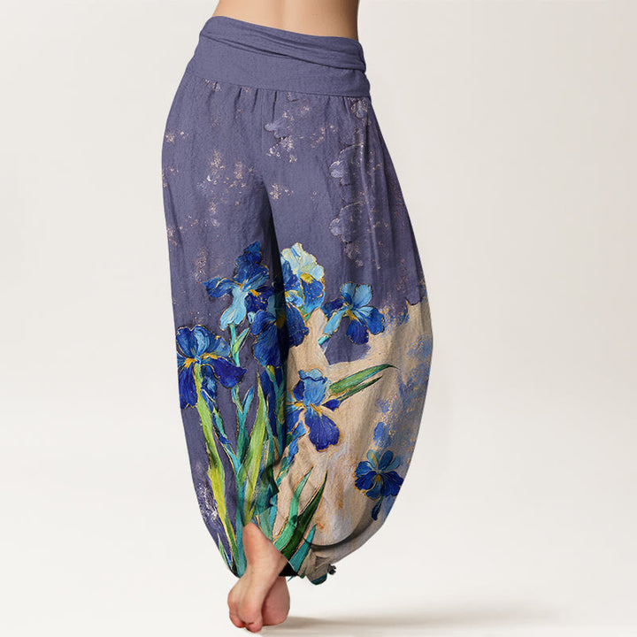 Buddha Stones Irises Pattern Pure Cotton Women's Elastic Waist Harem Pants - image 6