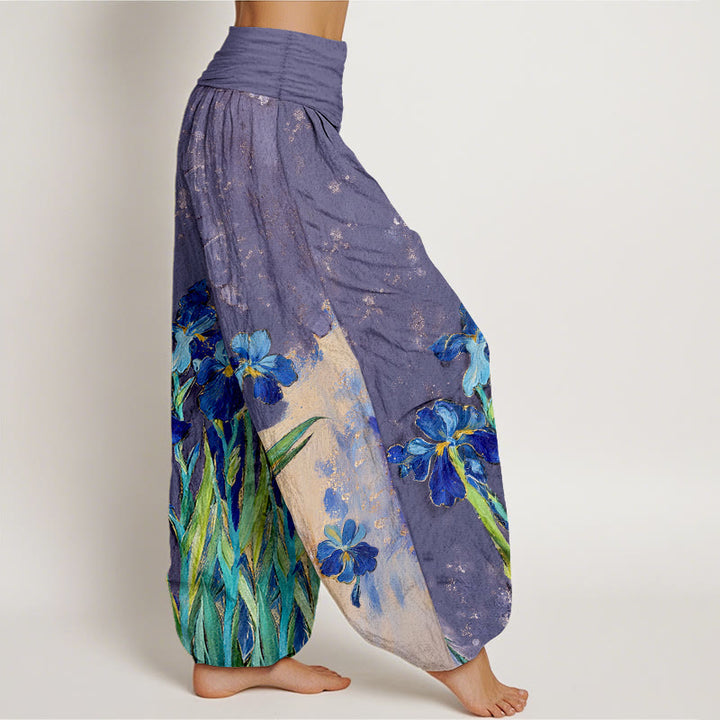 Buddha Stones Irises Pattern Pure Cotton Women's Elastic Waist Harem Pants - image 7