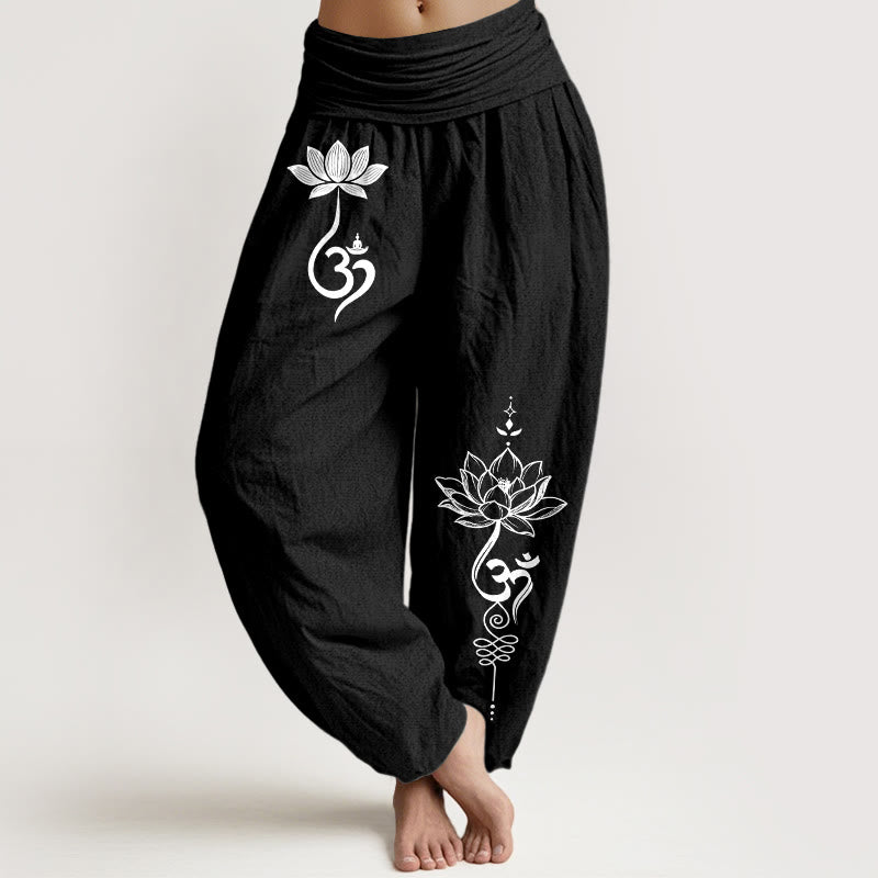 Buddha Stones Cotton Lotus Flower Om Pattern Women's Elastic Waist Harem Pants - Black - US16，UK/AU20，EU48 (3XL) - image 5