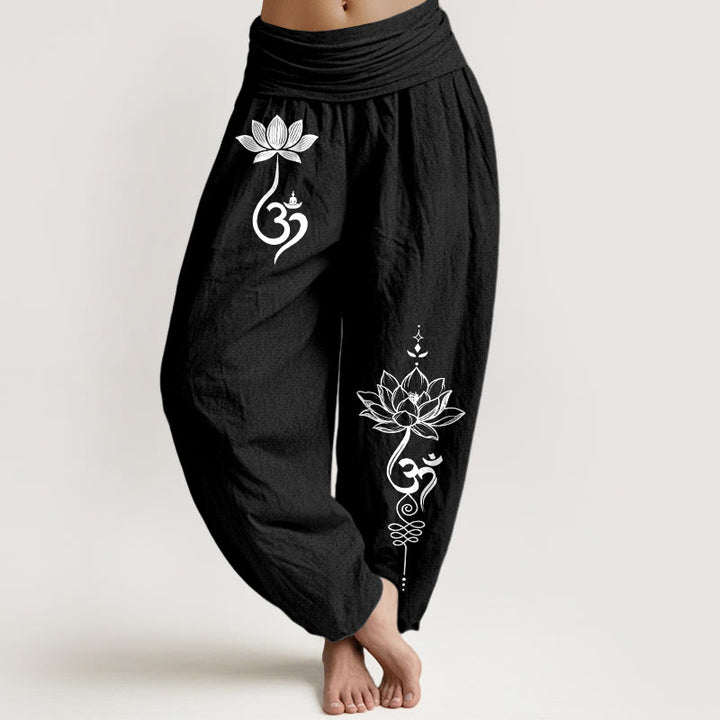 Buddha Stones Cotton Lotus Flower Om Pattern Women's Elastic Waist Harem Pants - Black - US16，UK/AU20，EU48 (3XL) - image 5